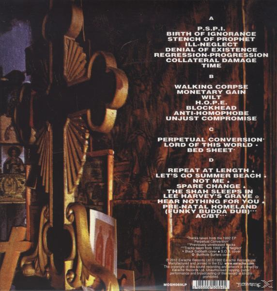 Album borító szöveggel, arany kereszt az előtérben. A szöveg a dalcímeket és az album részleteit sorolja fel. Sötét, gótikus háttér.