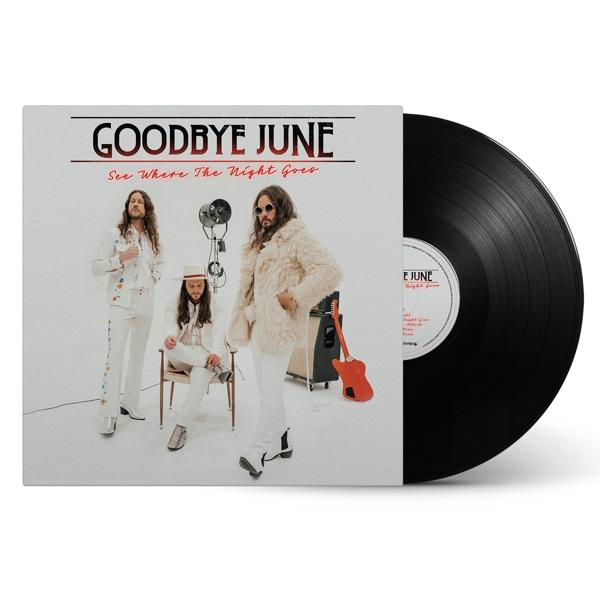 Vinilalbum borító fehér öltönyös bandával, jobbra egy lemezzel.