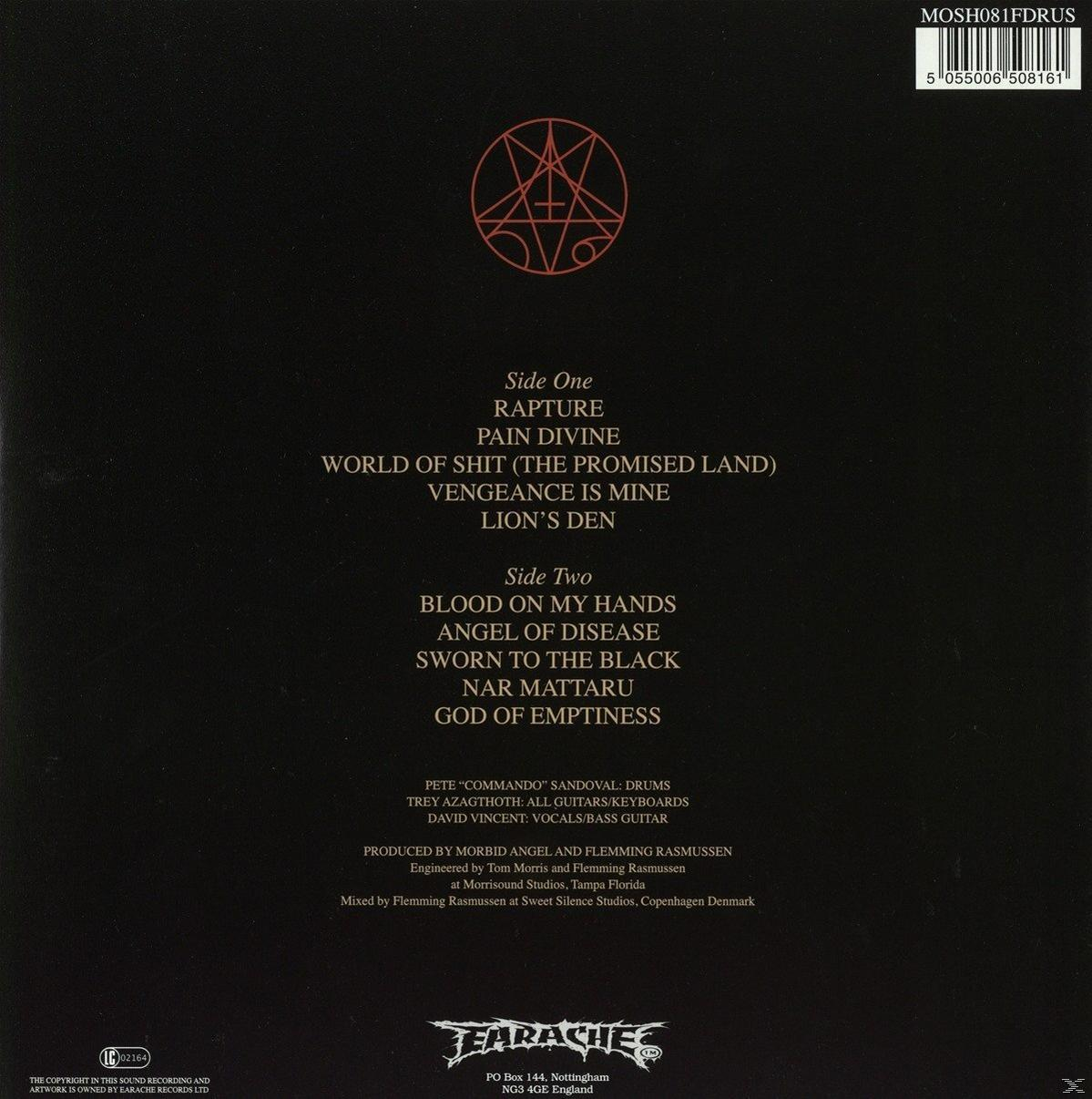 Egy vinilalbum hátoldala a számok listájával és a stáblistával fehér színnel, fekete háttéren.