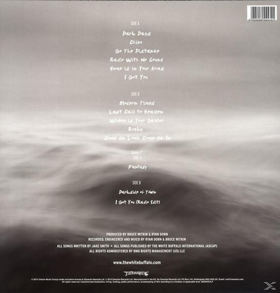 A The White Buffalo album hátulja a dalok címeivel és egy elmosódott vízháttérrel.