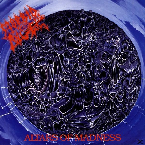 A Morbid Angel 'Altars of Madness' című albumának borítója, amely egy sötét, koponyákkal teli gömböt ábrázol kék éggel.