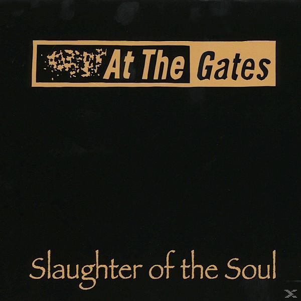 Fekete albumborító arany felirattal: 'At The Gates' és 'Slaughter of the Soul'.