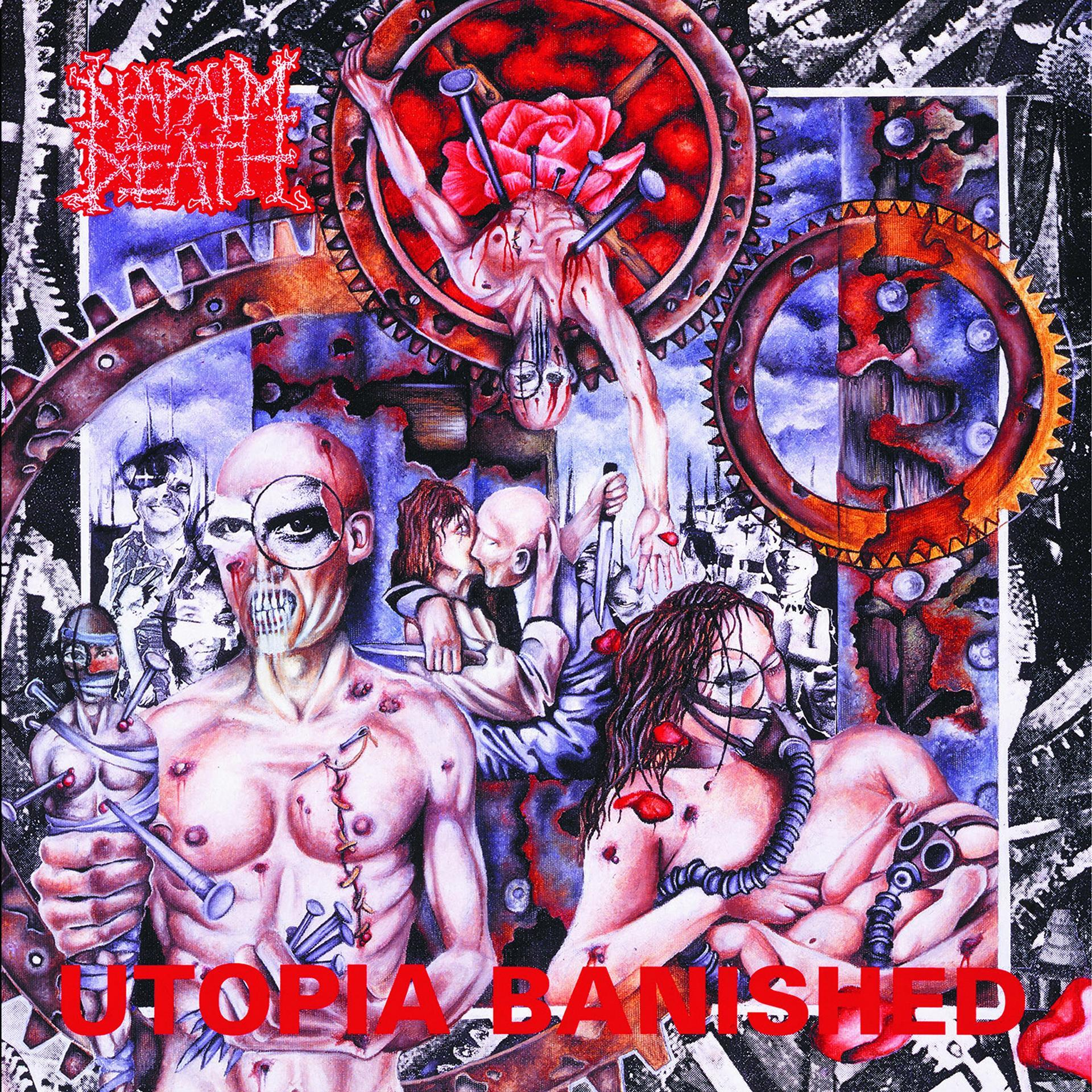 Album borító erőszakos képekkel: figurák, fogaskerekek és a 'Utopia Banished' cím.