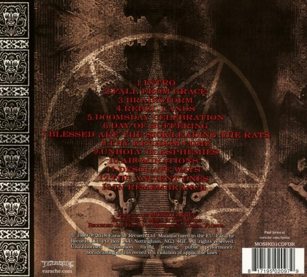 CD tok hátlapja dalszövegekkel és pentagram tervezéssel. Barna háttér.