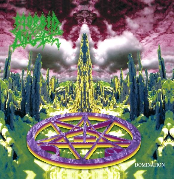 Morbid Angel album borítója: zöld logó egy lila pentagram felett, fantasy táj.