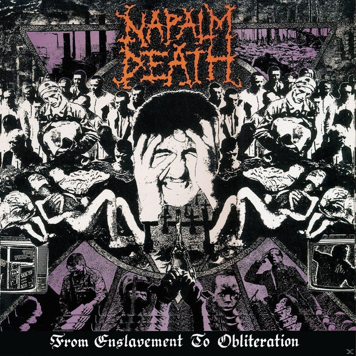 A Napalm Death 'From Enslavement To Obliteration' című albumának borítója. Egy sikoltozó férfit ábrázol, kezével a fején.