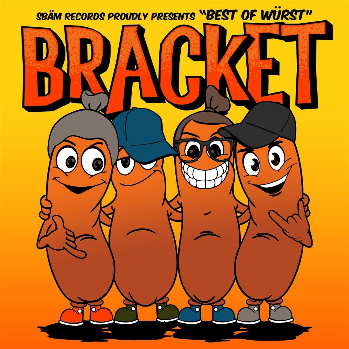 Album borító egy rajzolt kolbászokból álló együttesről, sapkákkal. Szöveg: Best of Wurst, Bracket.