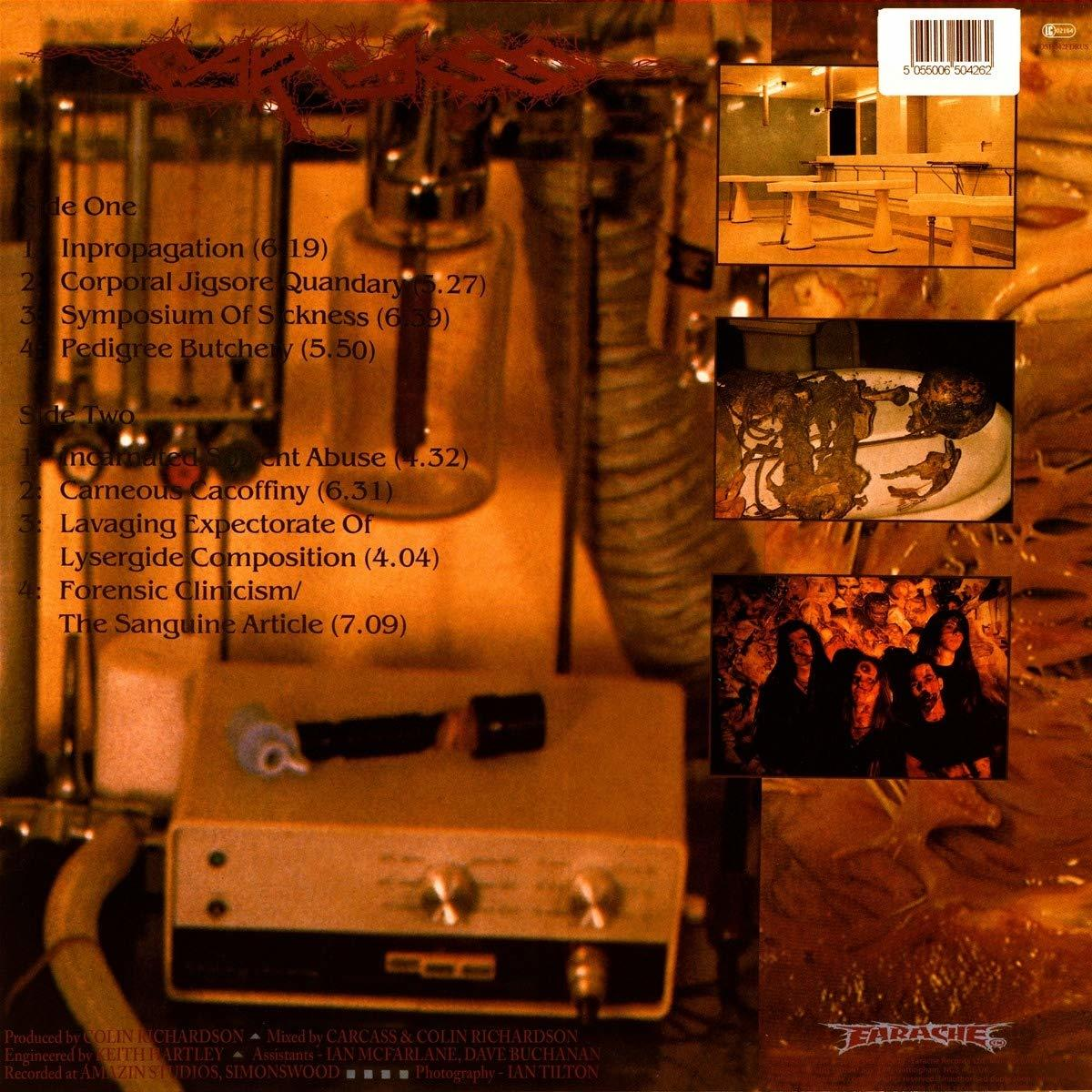 Album borító, Carcass együttes. Album címe és számlista. Több kép: belső tér, koncert és zenekari fotók.