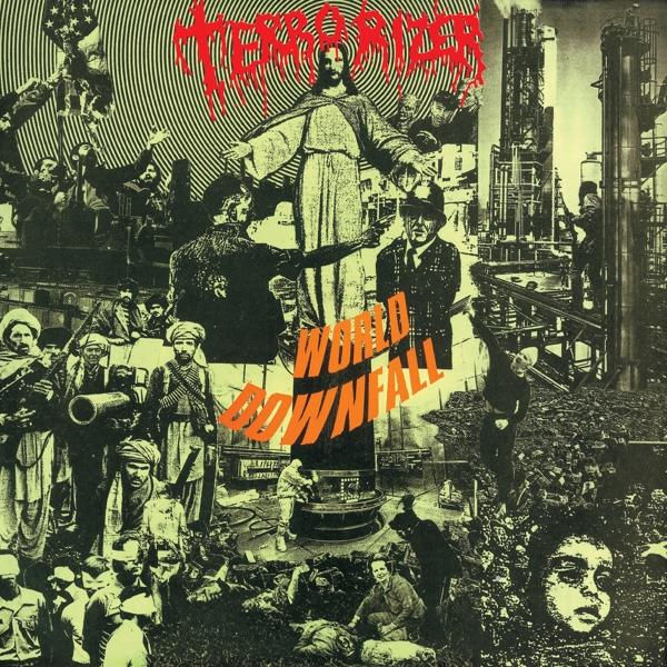 Album borítója képek és szöveg kollázsával. Jézus alakja, tömeg és a 'World Downfall' szavak szerepelnek.