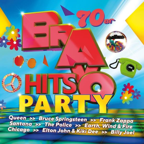 Bravo Hits 70er Party CD-Cover. Enthält Discokugel, Telefon, Sonnenbrille und Blumen.