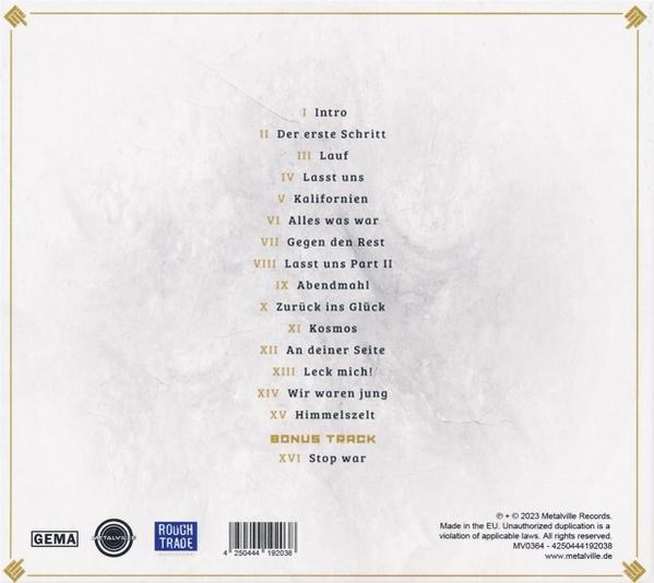CD-Cover mit Songtiteln und einem gold-weißen dekorativen Rahmen.