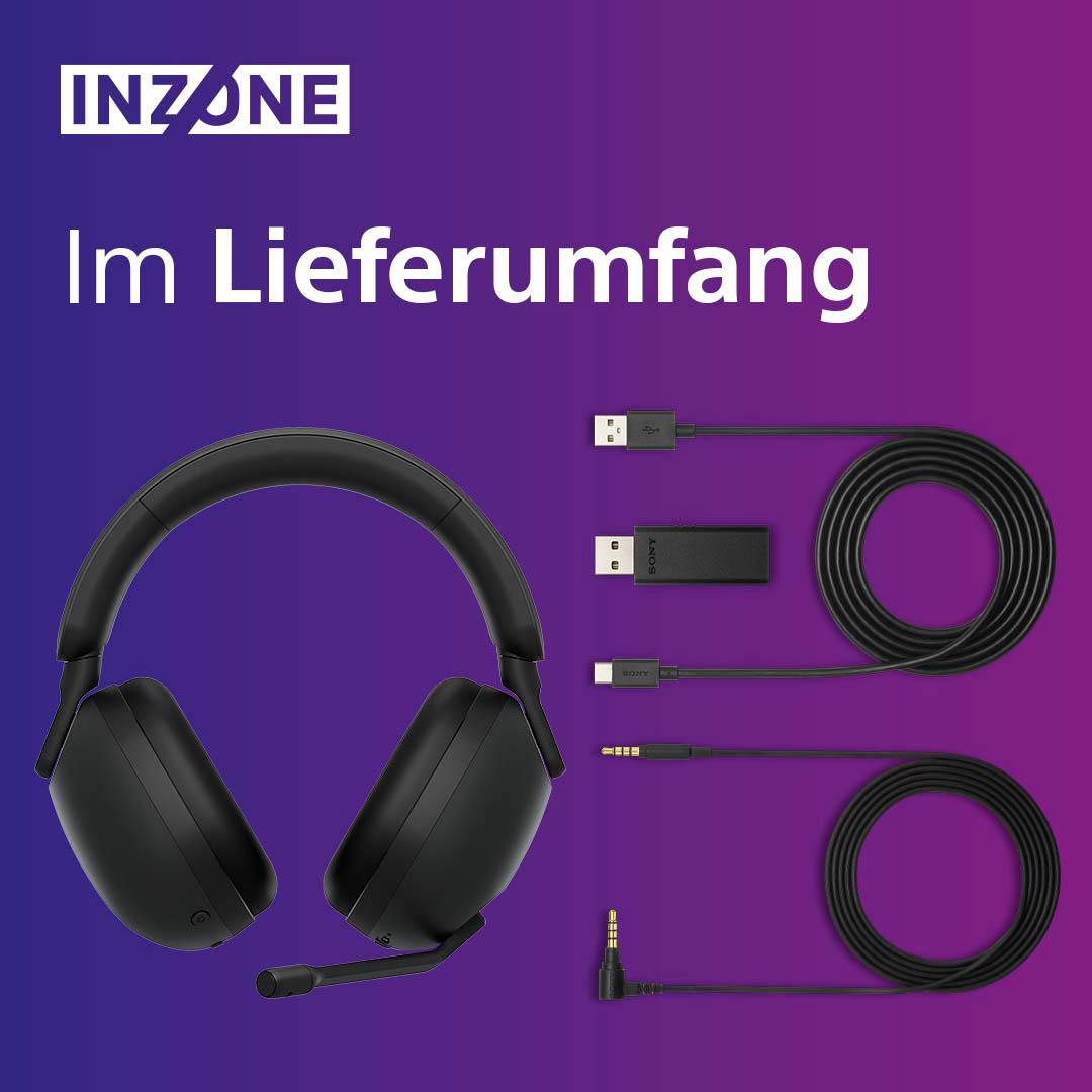 Ein Headset, Kabel und Etui mit dem Logo 'INZONE' auf einem Farbverlaufshintergrund.