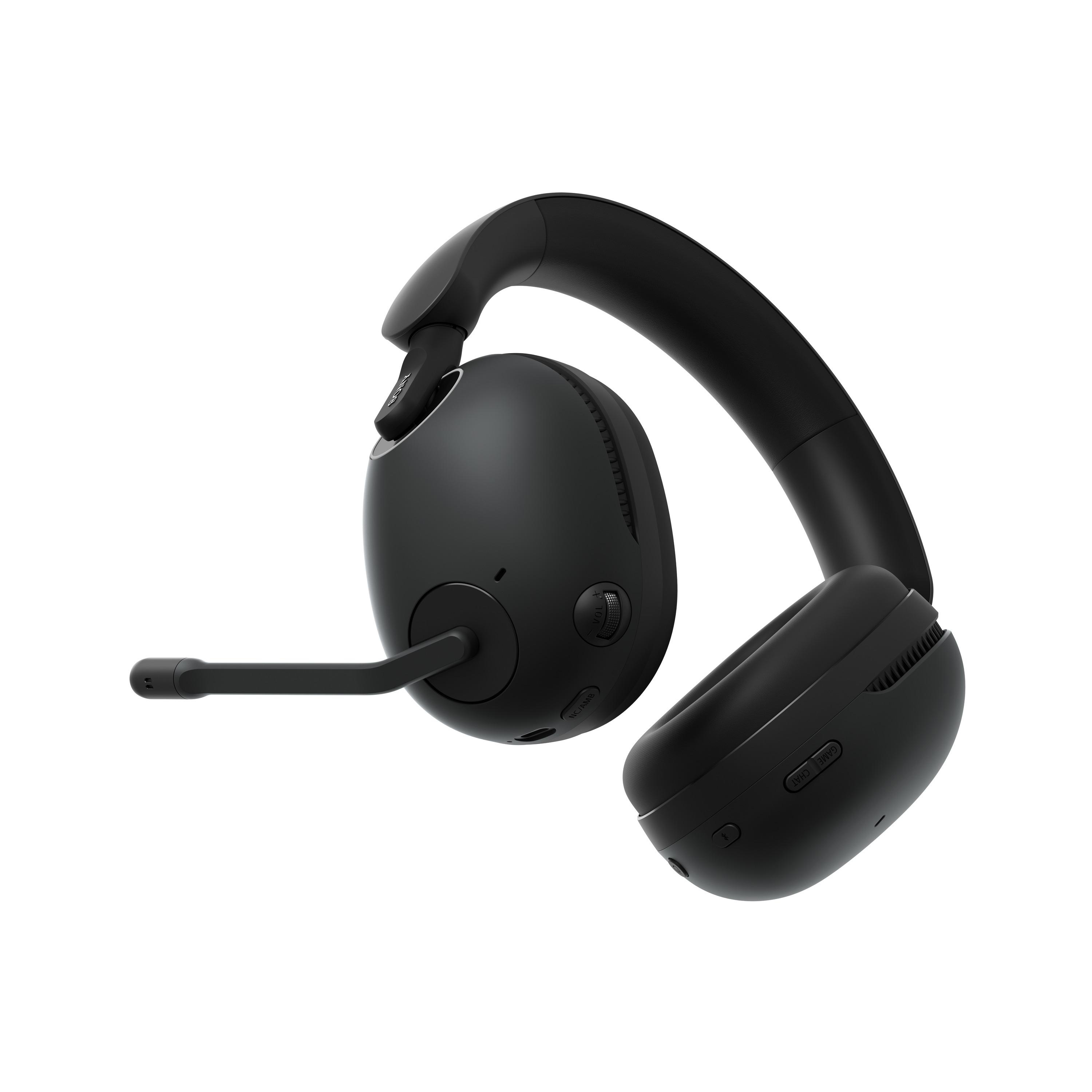 Schwarzes drahtloses Headset mit Mikrofon. Isoliert auf weißem Hintergrund.