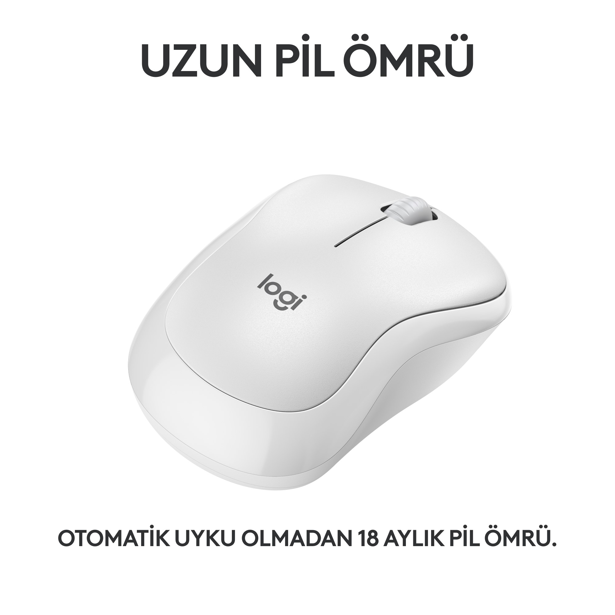 Yukarıda ve aşağıda metin bulunan, kaydırma tekerleğine sahip beyaz bir Logitech fare.