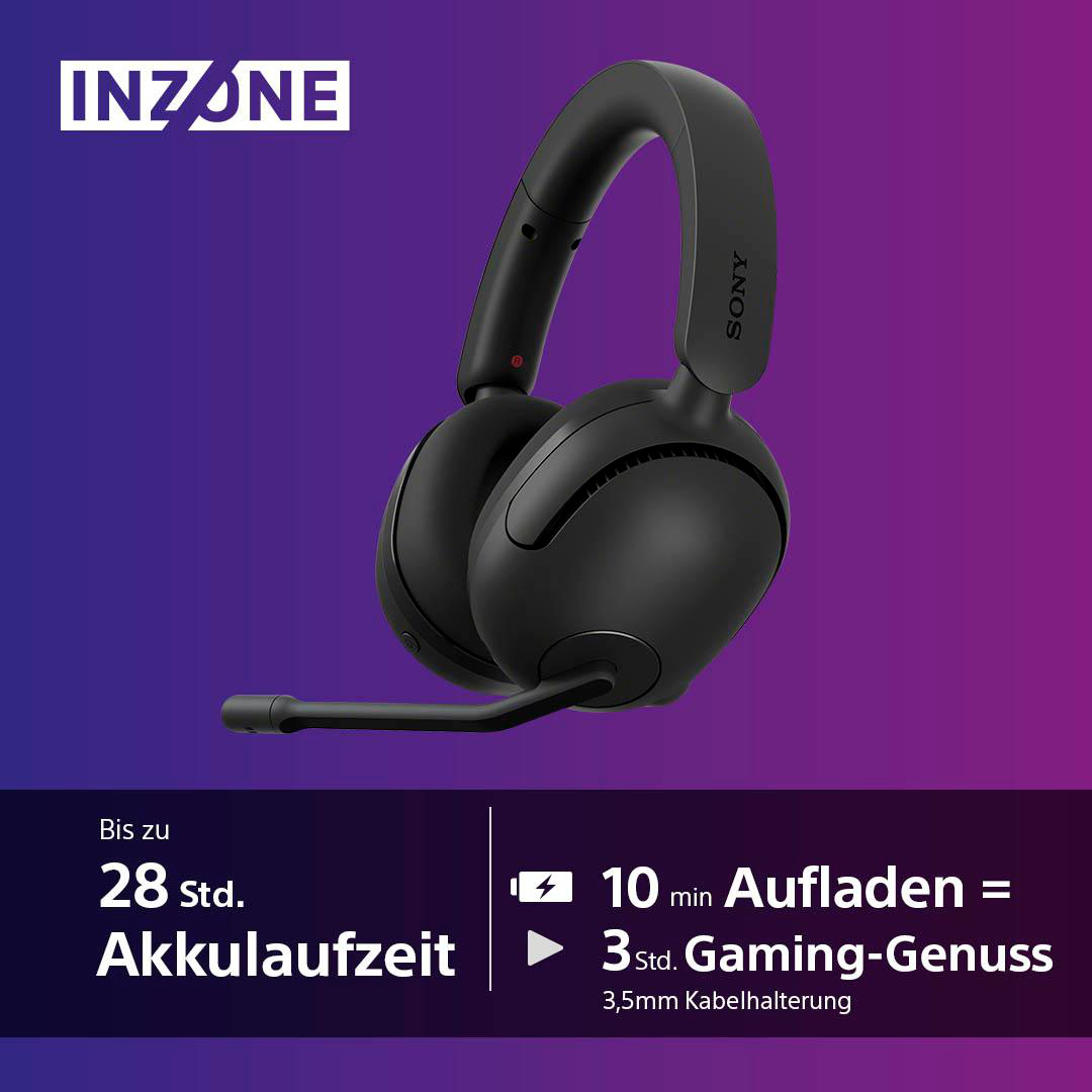 Schwarze Sony-Kopfhörer mit Mikrofon, mit Text zur Akkulaufzeit.