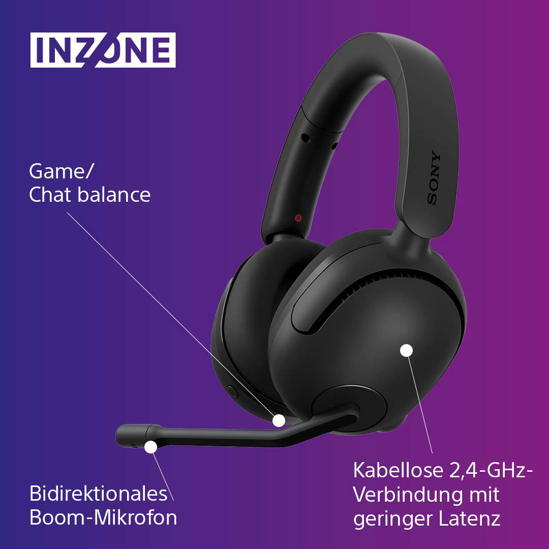 Schwarzes kabelloses Gaming-Headset mit Mikrofon. Die Wörter 'INZONE' und 'SONY' sind sichtbar.