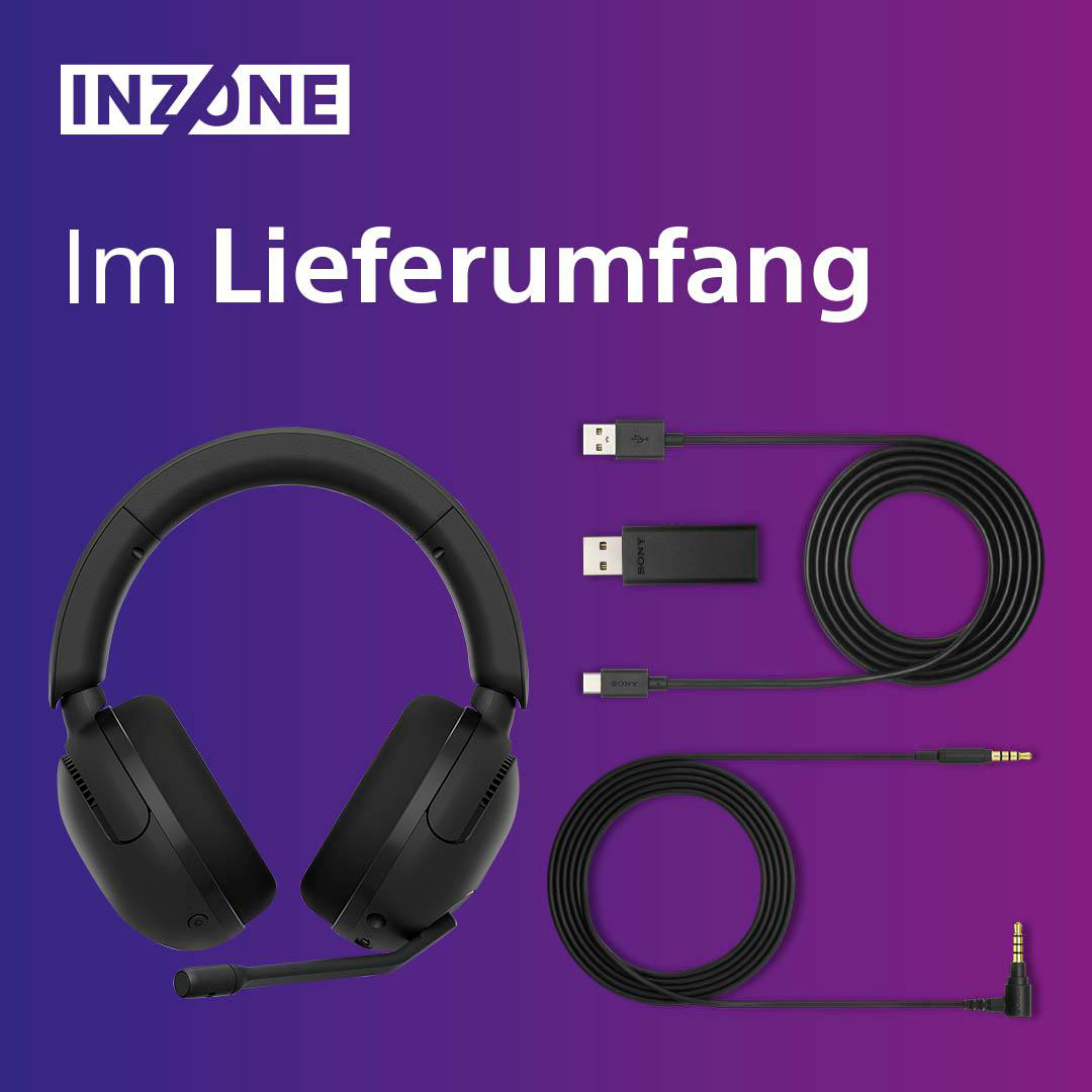 Schwarze Kopfhörer und Zubehör: USB-Kabel, USB-Dongle und Audiokabel, alles für ein Gaming-Headset.