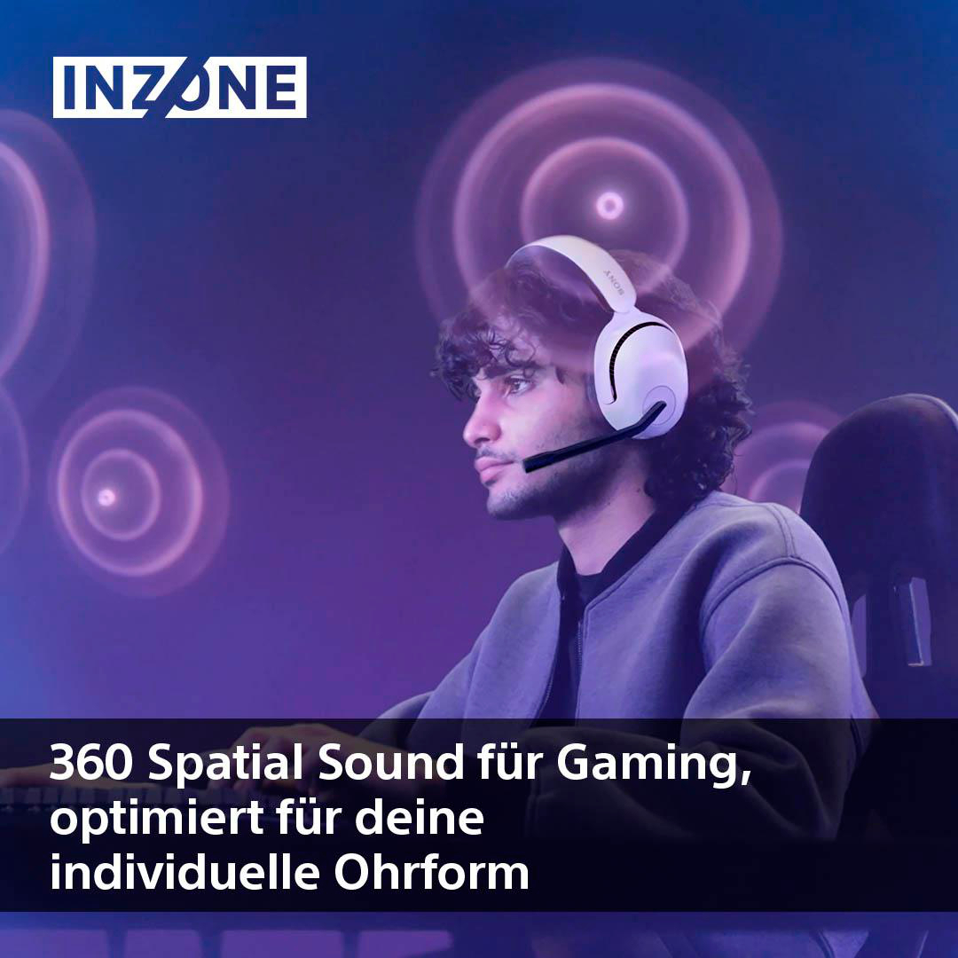 Ein Mann mit Kopfhörern, mit INZONE-Logo, spielt ein Spiel, lila Hintergrund.