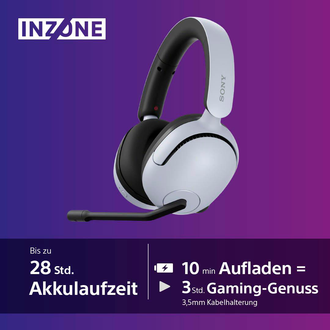 Weiß-schwarzes Sony Inzone Gaming-Headset mit flexiblem Mikrofon.