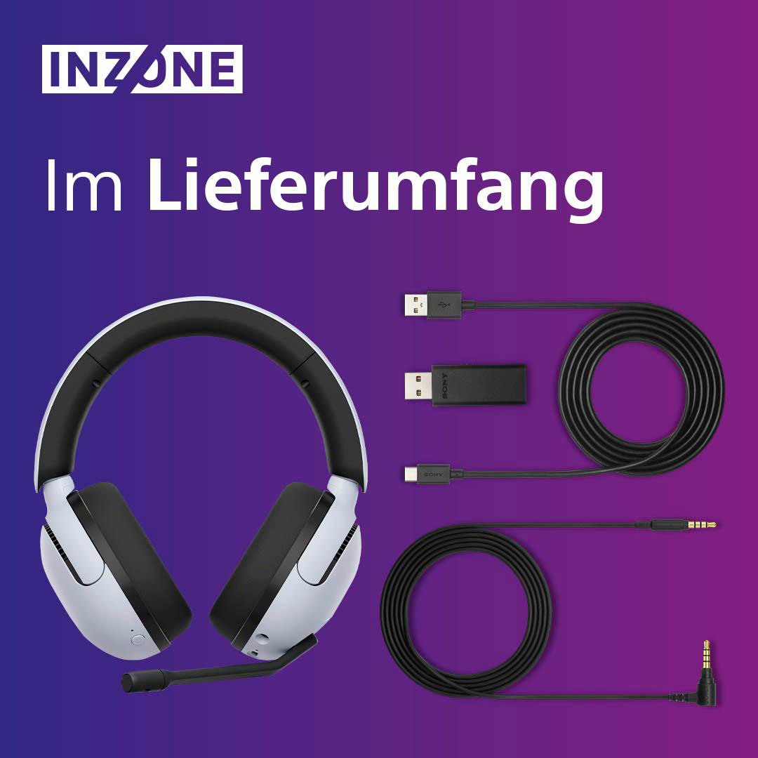 Weißes und schwarzes Gaming-Headset mit Zubehör: Ladekabel, USB-Adapter und Aux-Kabel.