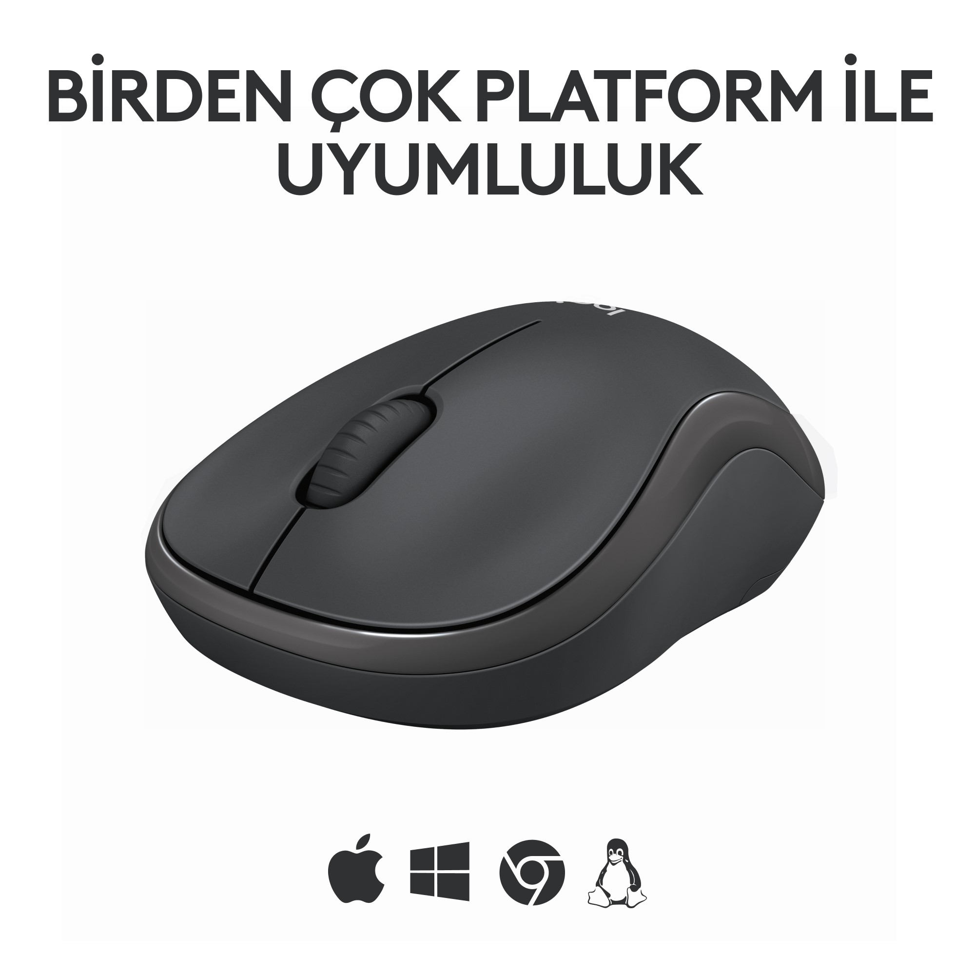 Kaydırma tekerleği olan siyah bir kablosuz fare, altında platform simgeleriyle beyaz bir arka plana karşı.