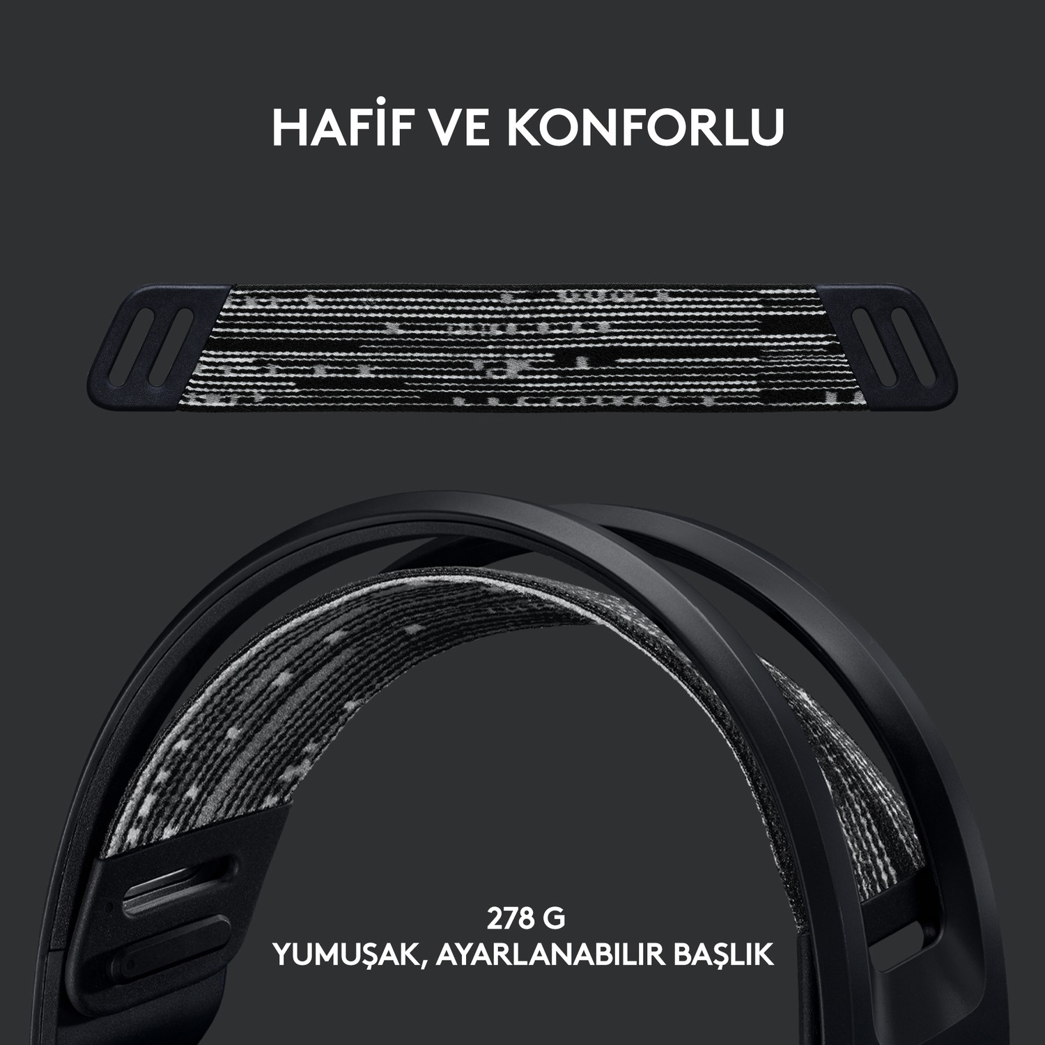 Beyaz ve gri kumaşlı siyah kulaklık. Üstteki metin hafif ve rahat diyor.