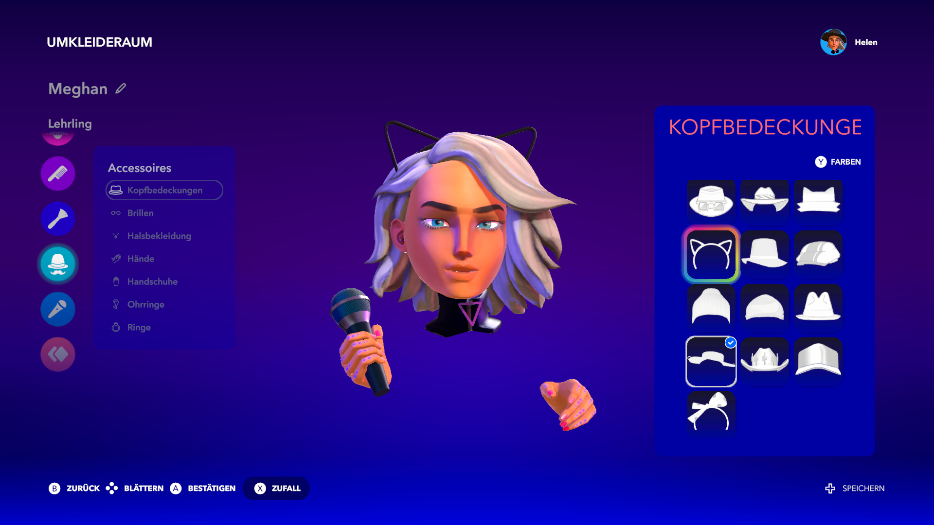 Femme de dessin animé avec des oreilles de chat, interface de jeu, personnalisation d'avatar.