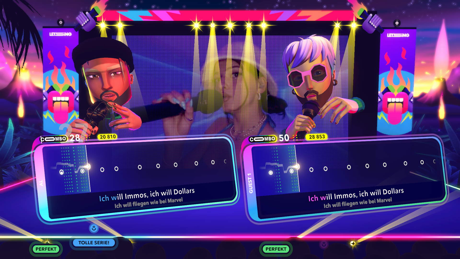 Une capture d'écran d'un jeu de karaoké avec deux personnages animés et des paroles à l'écran.