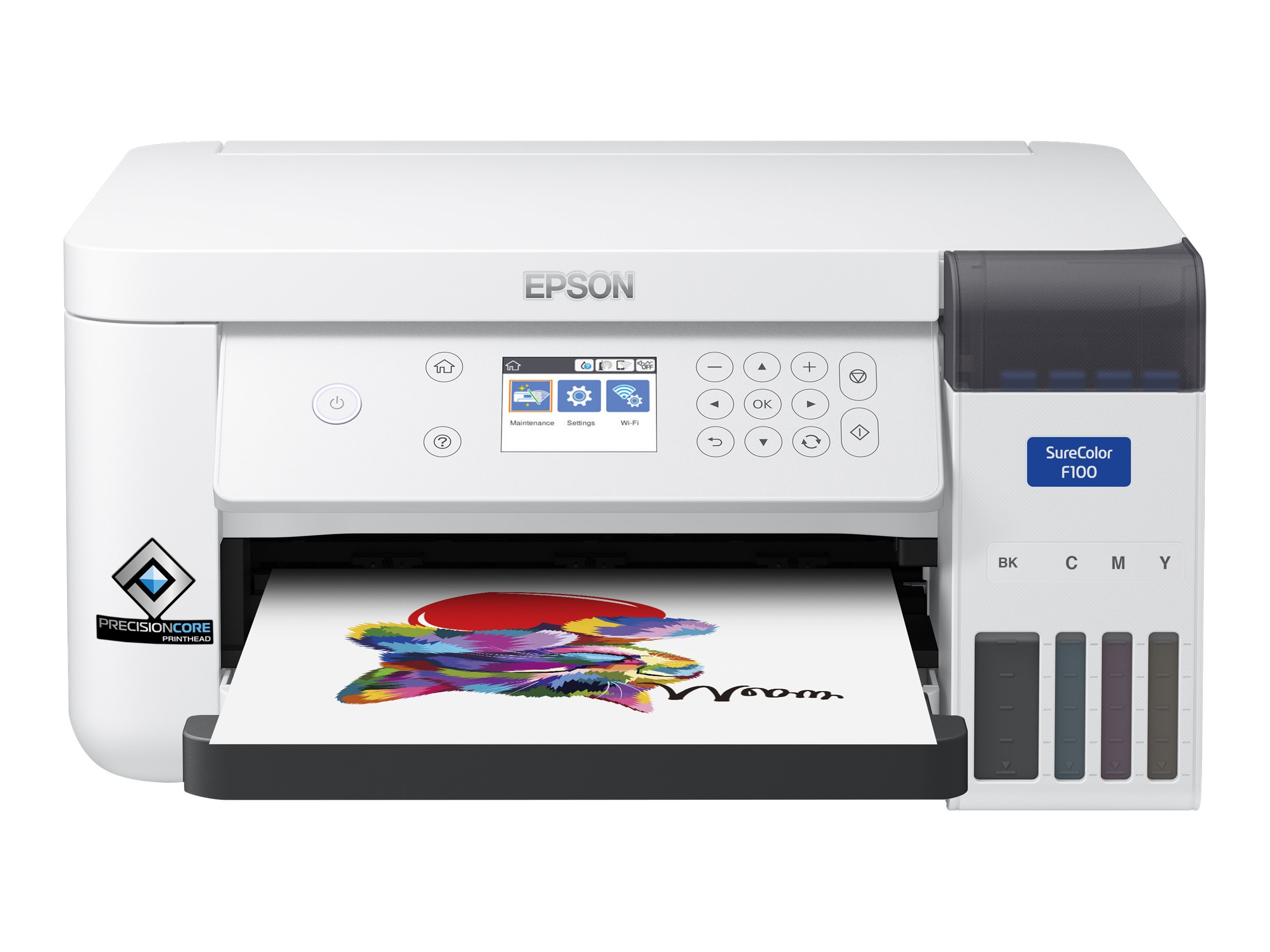 Weißer Epson SureColor F100 Drucker, der ein Bild druckt. Das Display zeigt Einstellungen.