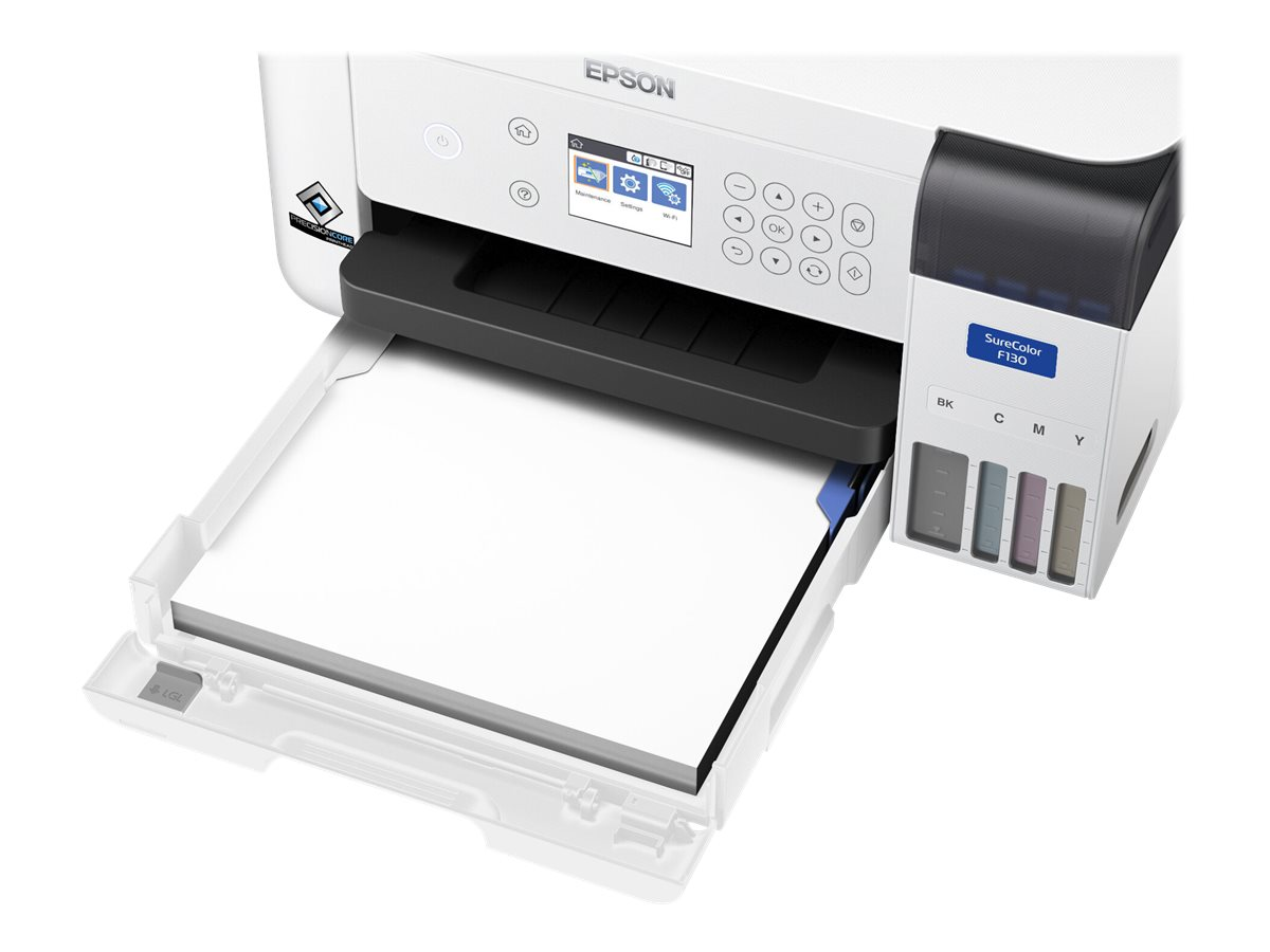 Weißer Epson-Drucker mit ausgezogenem Papierfach. Tintenpatronen sind rechts sichtbar.