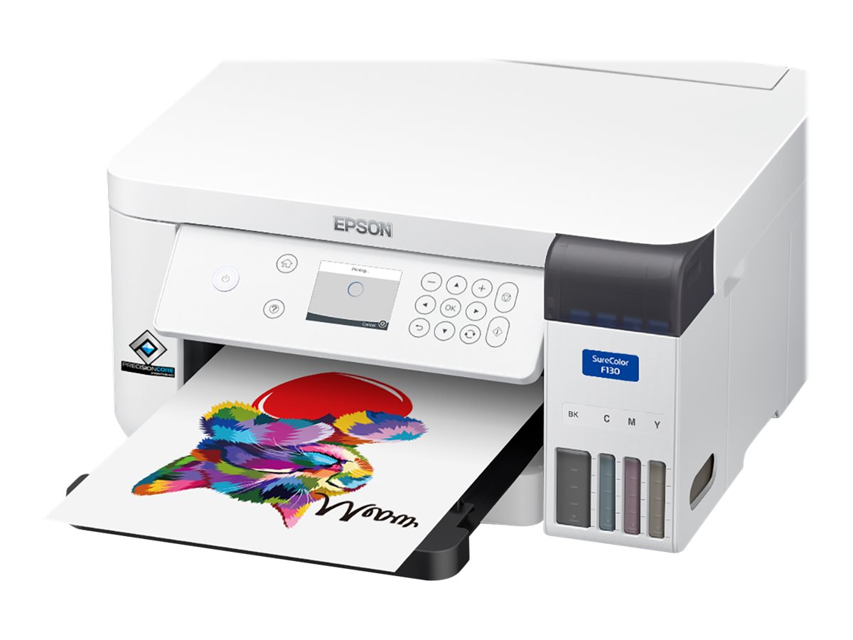 Weißer Drucker mit farbigem Wolfsbild. Zeigt Tintenpatronen.