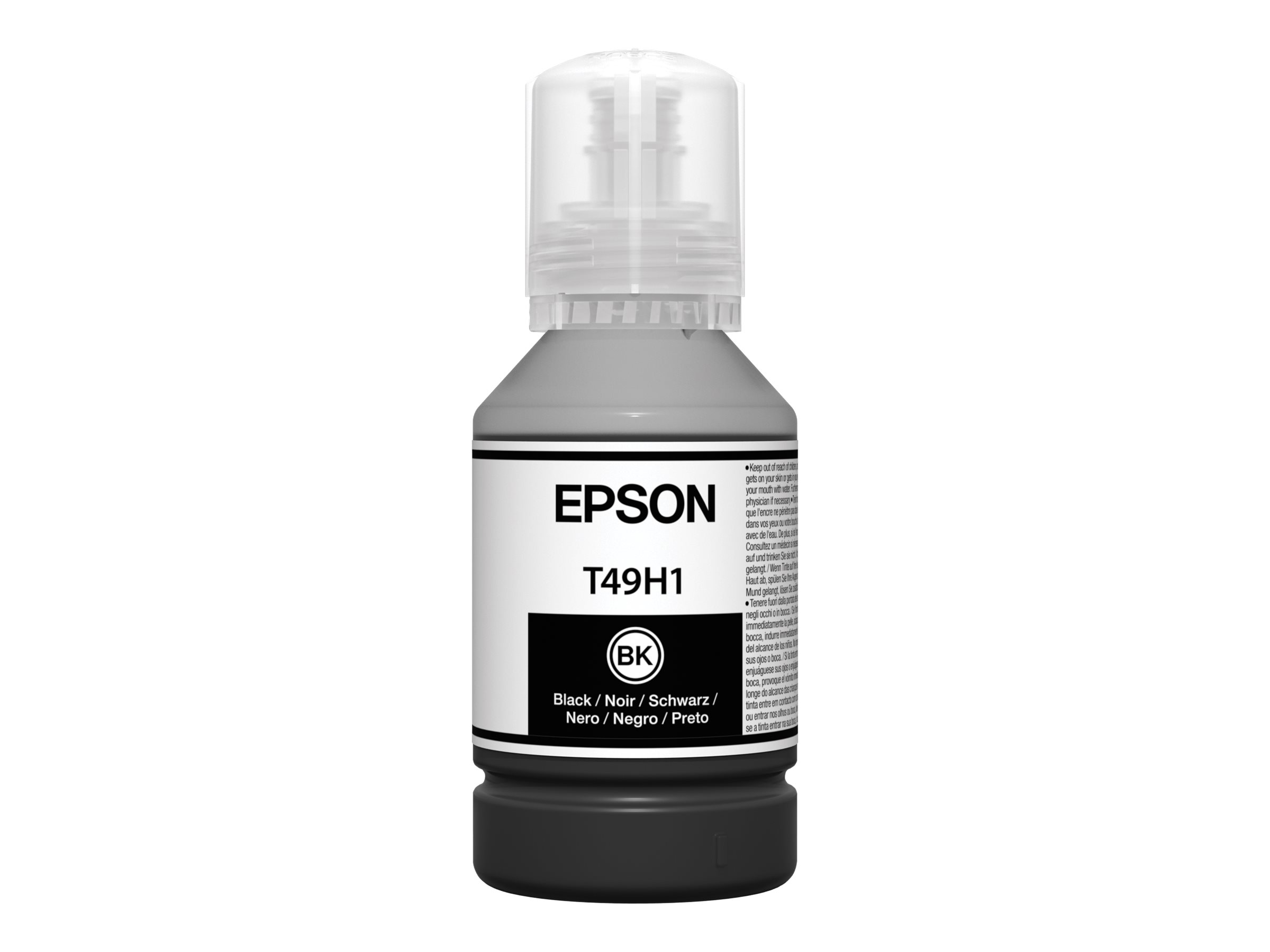 Epson schwarze Tintenflasche, weißer Hintergrund.