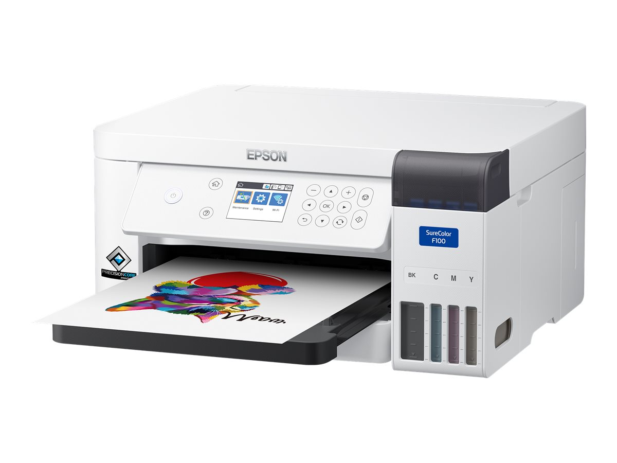 Weißer Epson SureColor F100 Drucker, der ein farbenfrohes Bild auf Papier druckt.