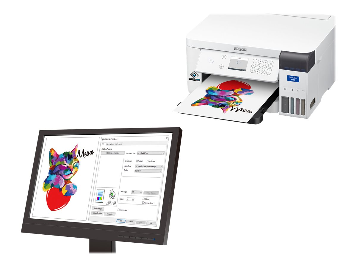 Drucker, der ein Bild einer Katze mit Herz druckt. Ein Monitor zeigt dasselbe Bild.