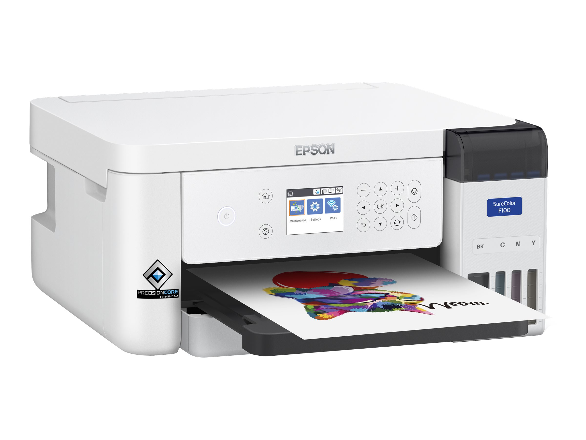 Weißer Epson-Drucker, der ein farbenfrohes Bild einer Katze mit dem Wort 'miau' druckt.