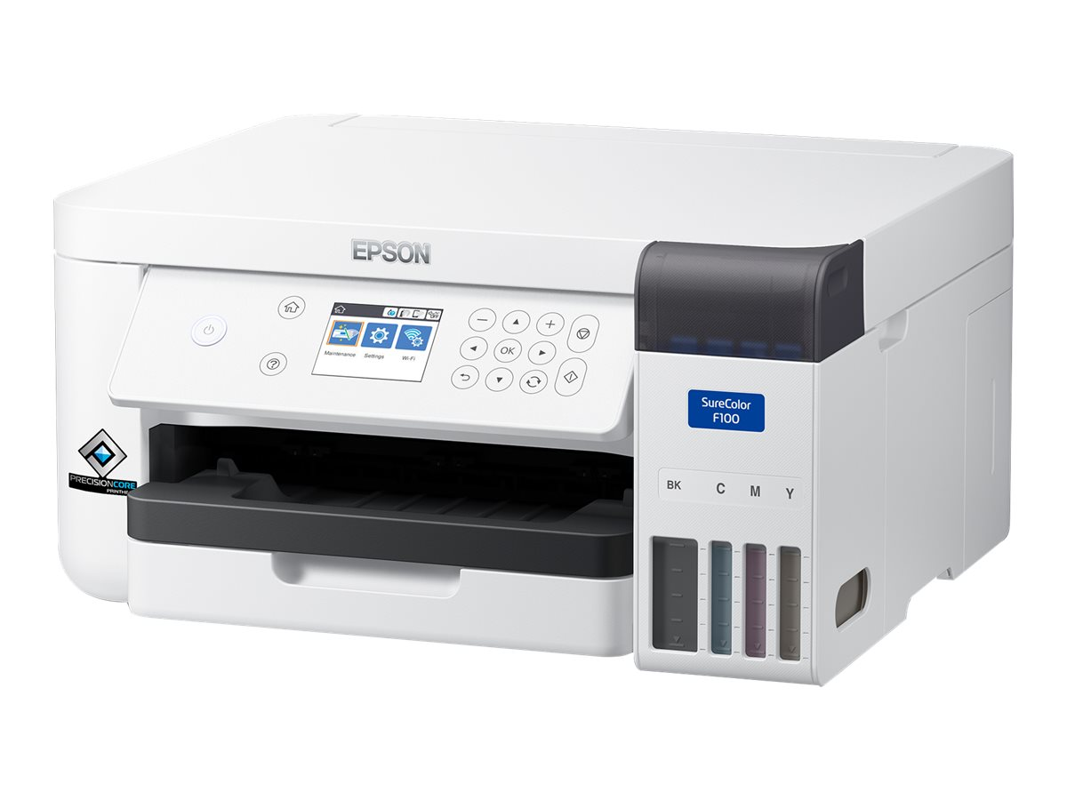 Weißer Epson-Drucker. Merkmale: Bedienfeld und Tintenbehälter rechts.