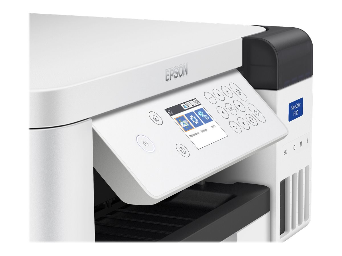 Epson-Drucker, weißes Gehäuse mit Bedienfeld. Weißer Hintergrund.