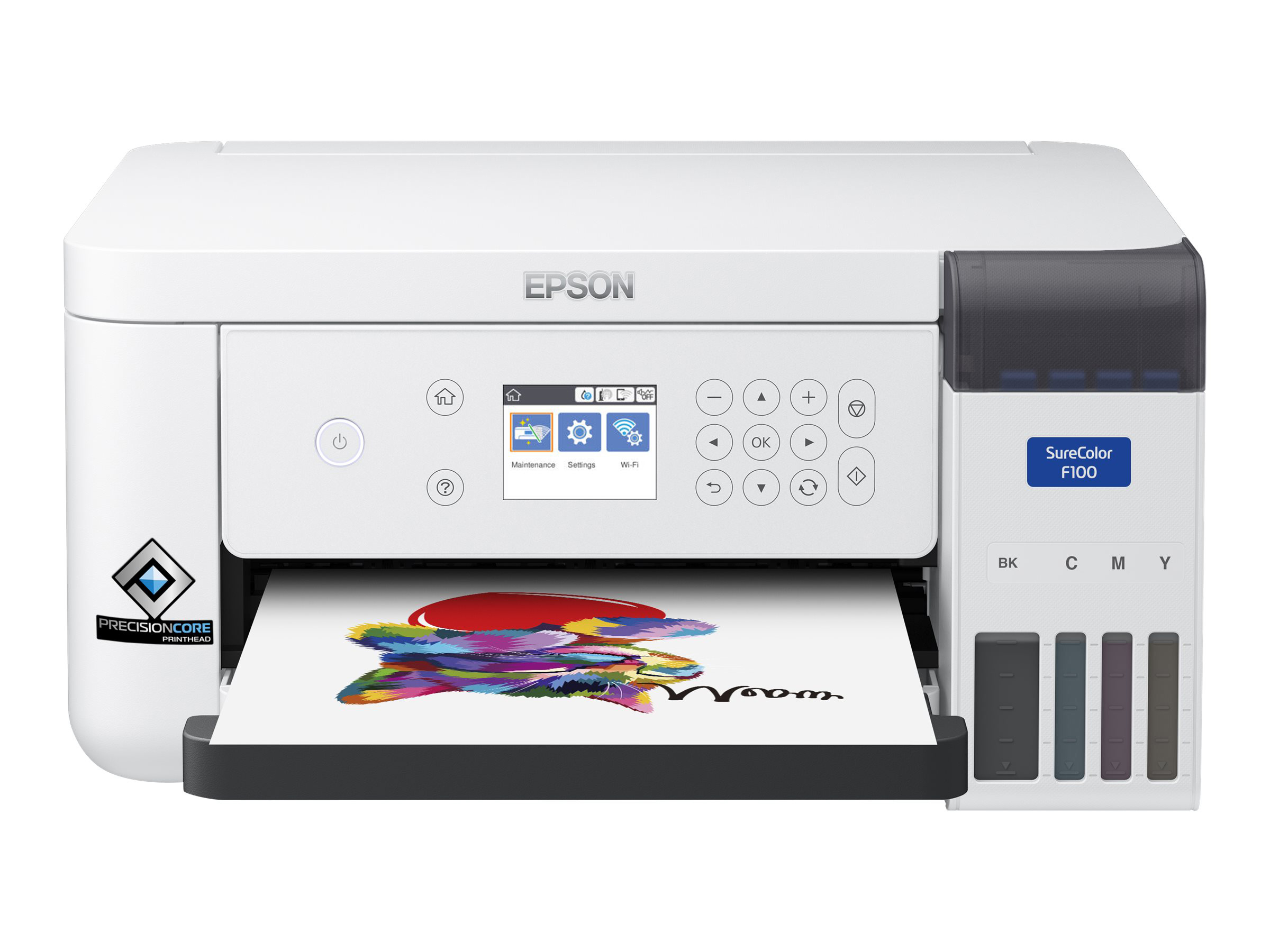 Weißer Epson-Drucker mit Bildschirm und Farbtanks, der ein farbenfrohes Bild druckt.