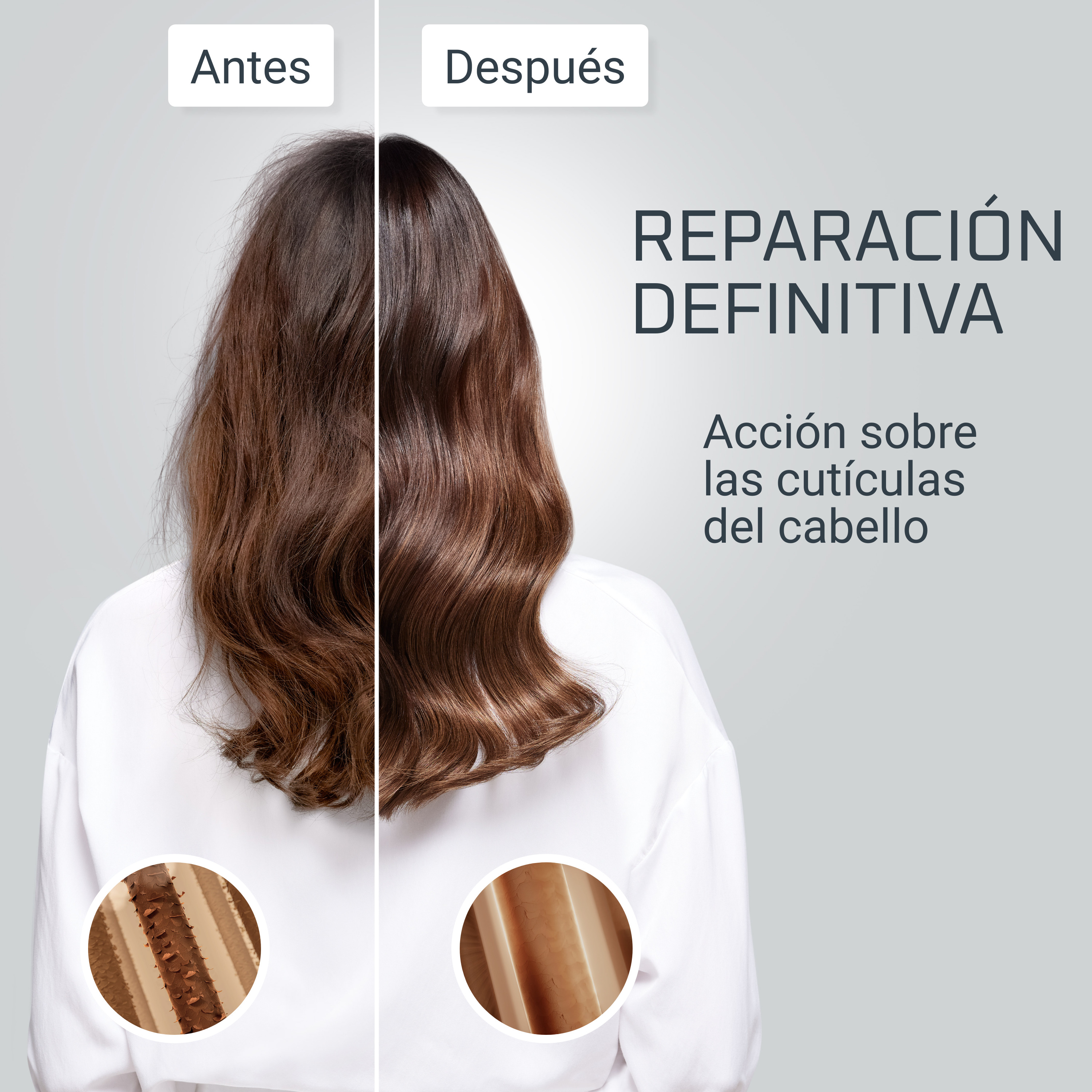 Imágenes del antes y el después del cabello. Se muestra textura y reparación.