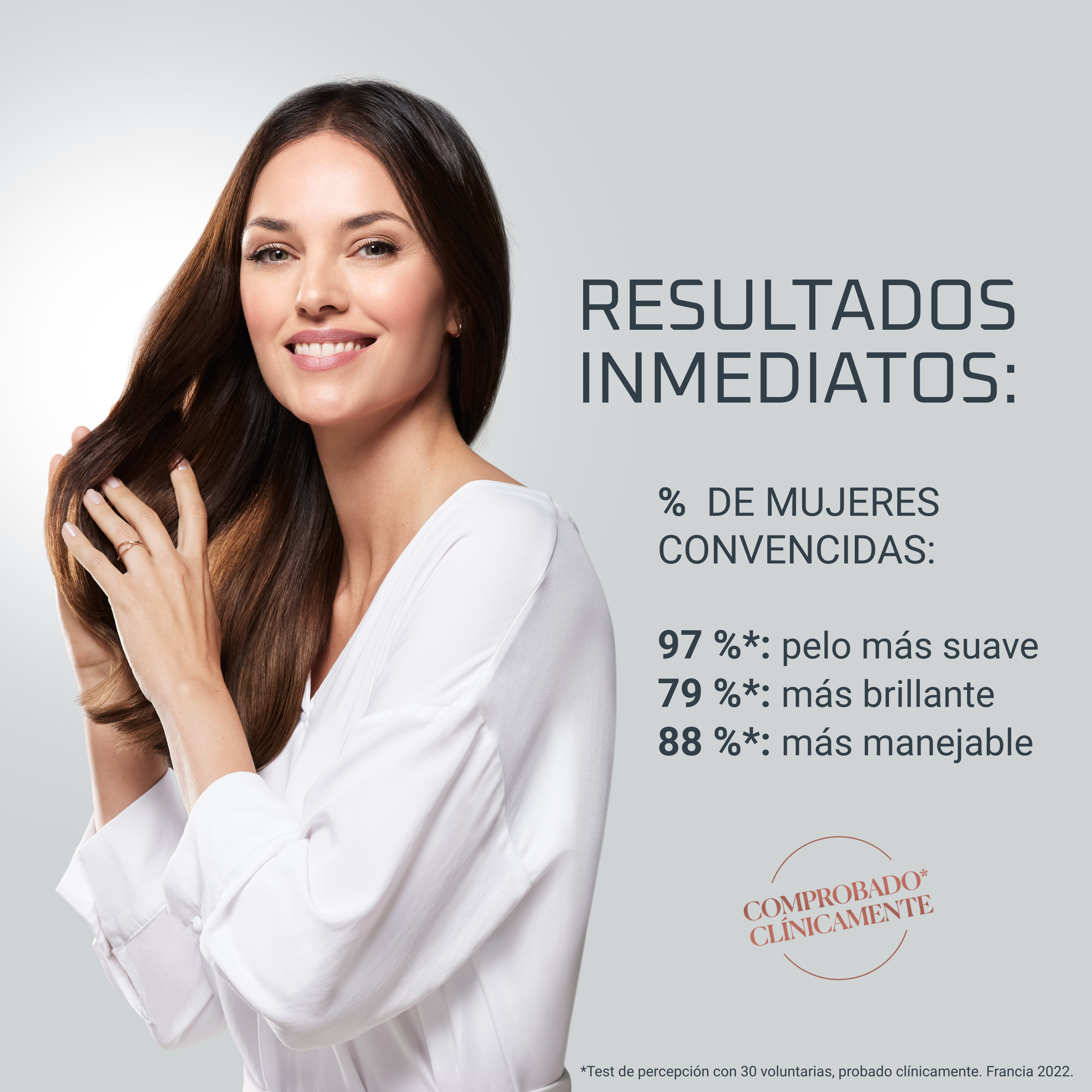 Mujer tocando su cabello. Texto a la derecha: Resultados inmediatos, porcentajes de mujeres convencidas.