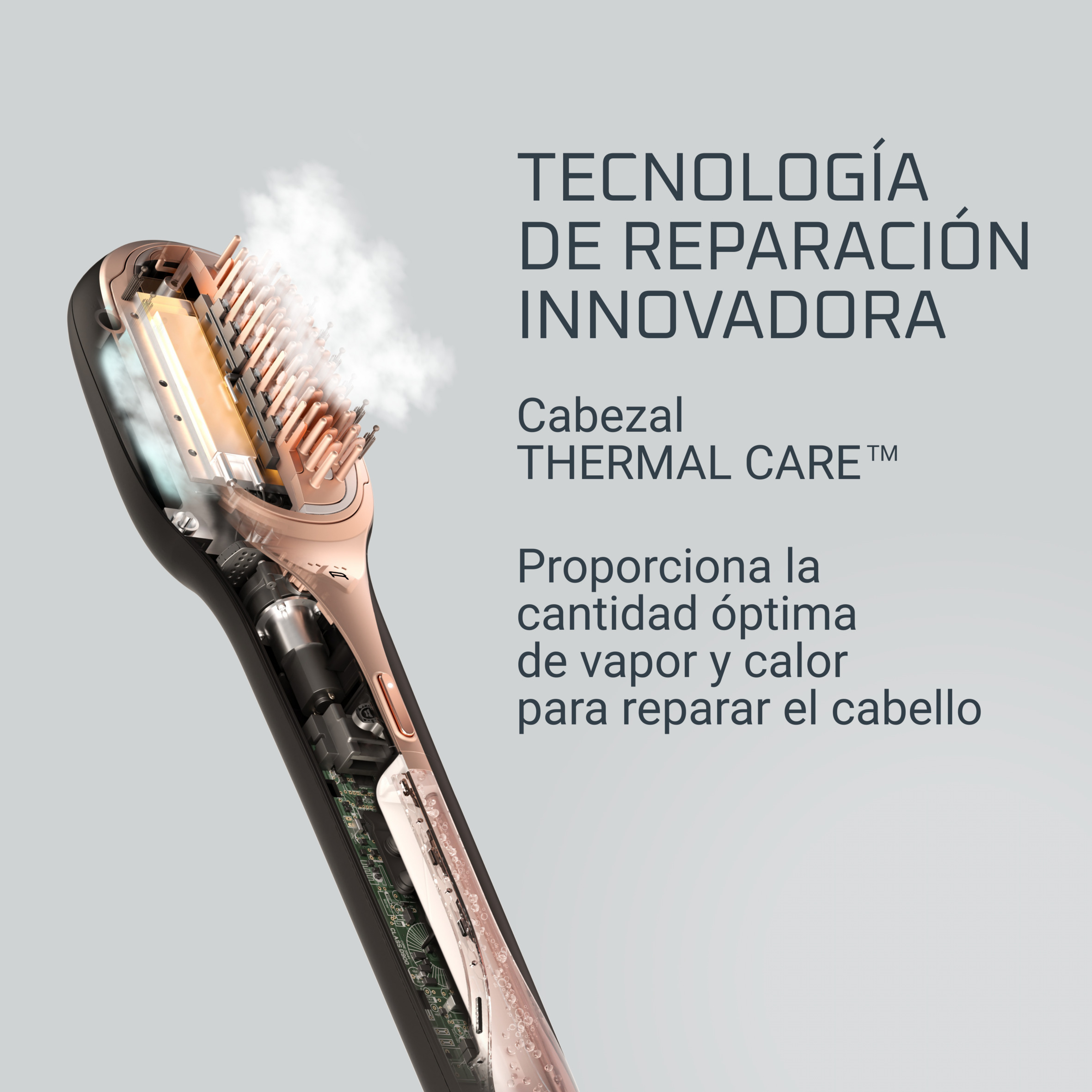 Dispositivo de peinado con texto: Tecnología de reparación innovadora, vapor y calor óptimos.