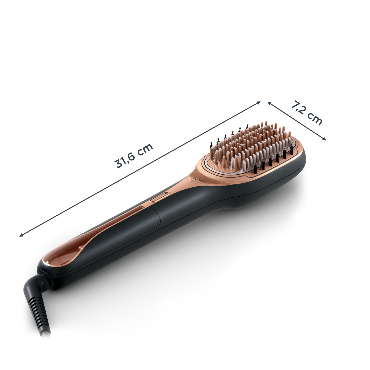 Un cepillo alisador de cabello negro y bronce, con dimensiones etiquetadas.