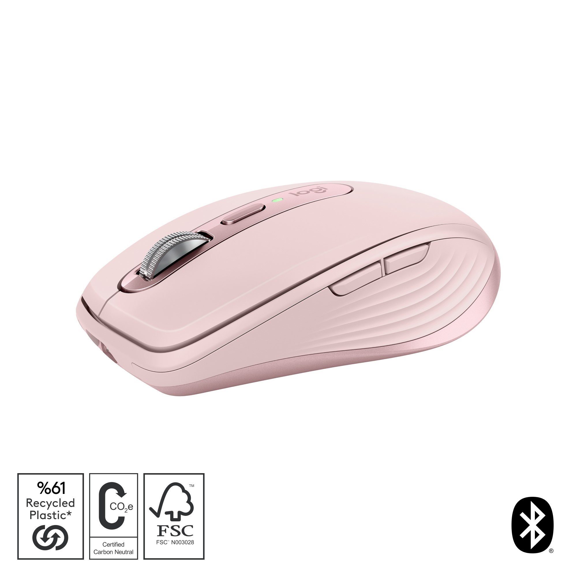 Kaydırma tekerleği ve düğmeleri olan pembe bir kablosuz fare. Bir logosu var ve beyaz bir arka plan üzerinde.