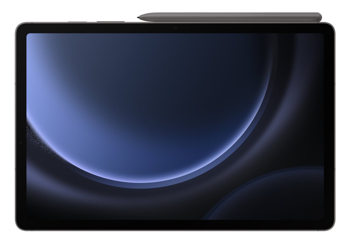 Tablet z piórem na górze, pokazujący ciemnoniebieski gradientowy ekran z zakrzywioną linią.