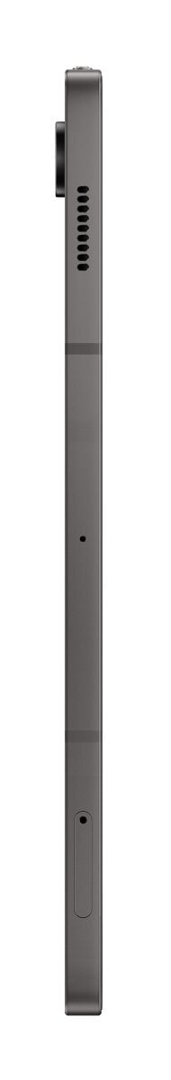 Widok z boku ciemnoszarego tabletu, pokazujący aparat, głośniki i port ładowania.