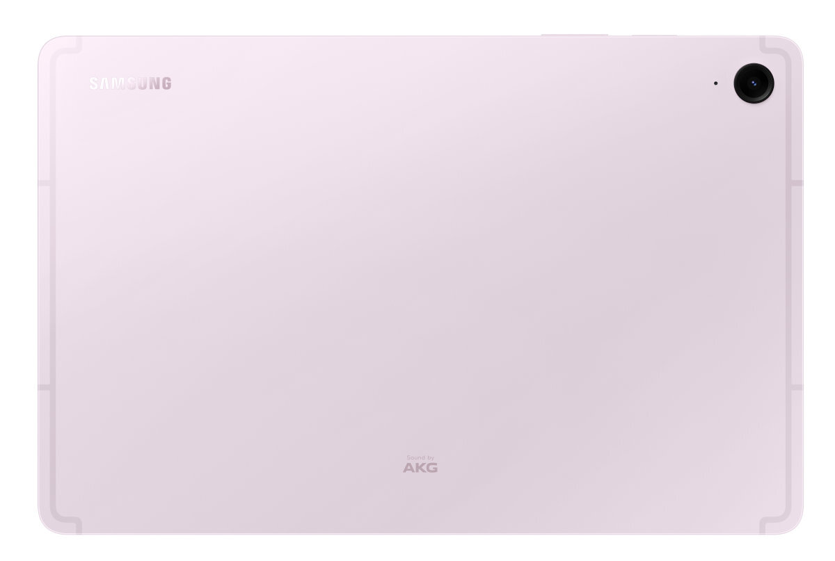 Tył jasnofioletowego tabletu, z aparatem i logo Samsung i AKG na białym tle.
