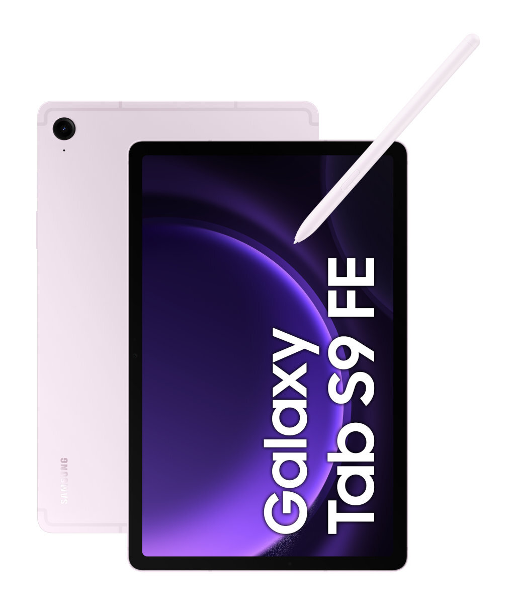 Jasnofioletowy tablet Samsung Galaxy Tab S9 FE z rysikiem jest wyświetlany na białym tle.
