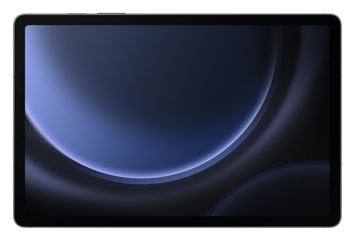 Tablet z ciemnym, abstrakcyjnym tłem. Ekran jest włączony, wyświetla gradient.