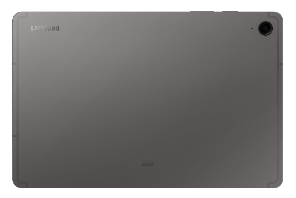 Tył szarego tabletu z aparatem i logo Samsung i AKG.