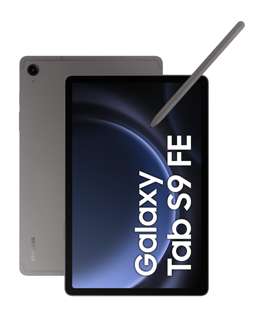 Srebrny tablet ze słowami "Galaxy Tab S9 FE" na ekranie.